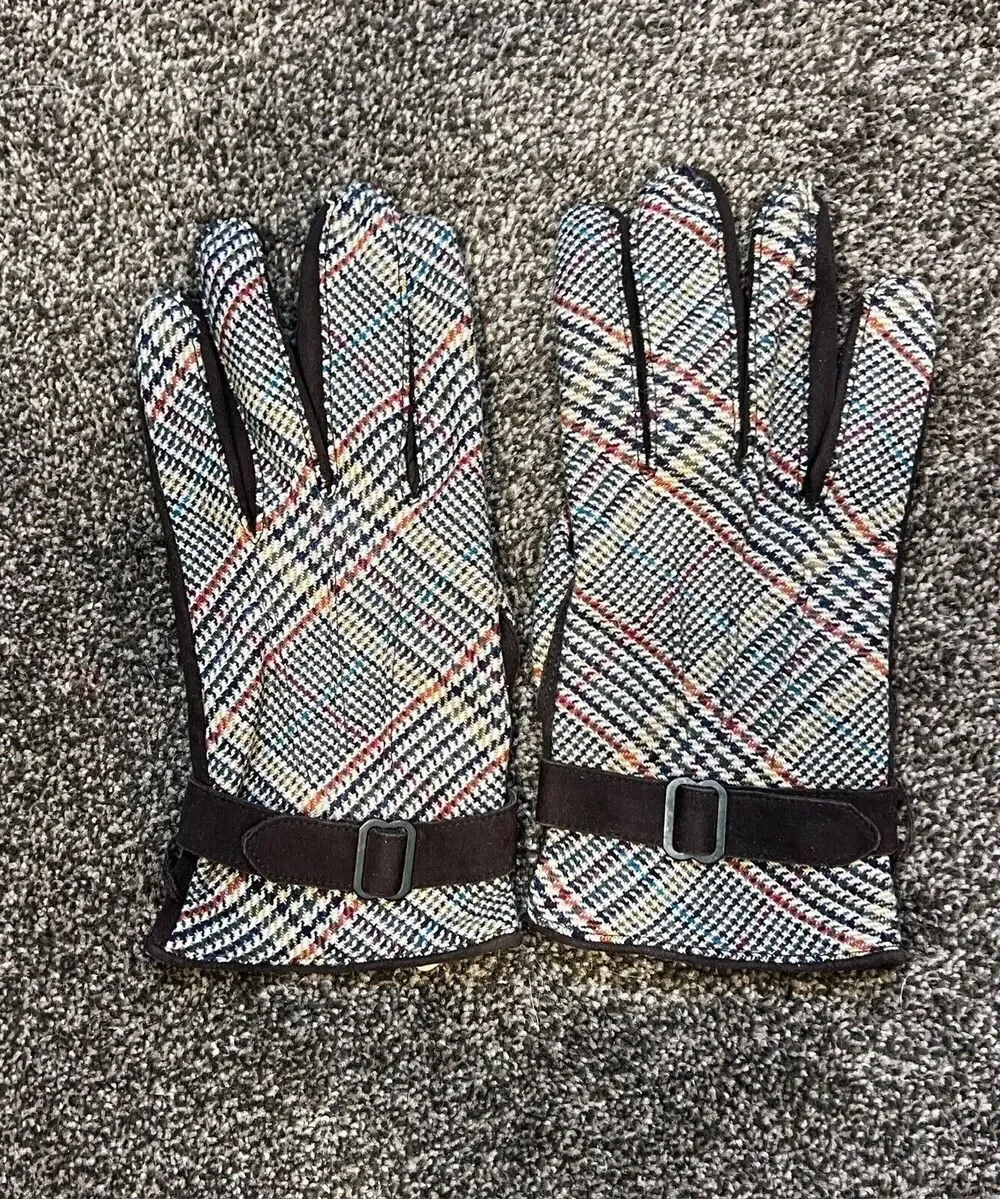 Rag & Bone Plaid Brown Lambskin Suede Black Buckle Gloves Size 8.5 Silk Lining